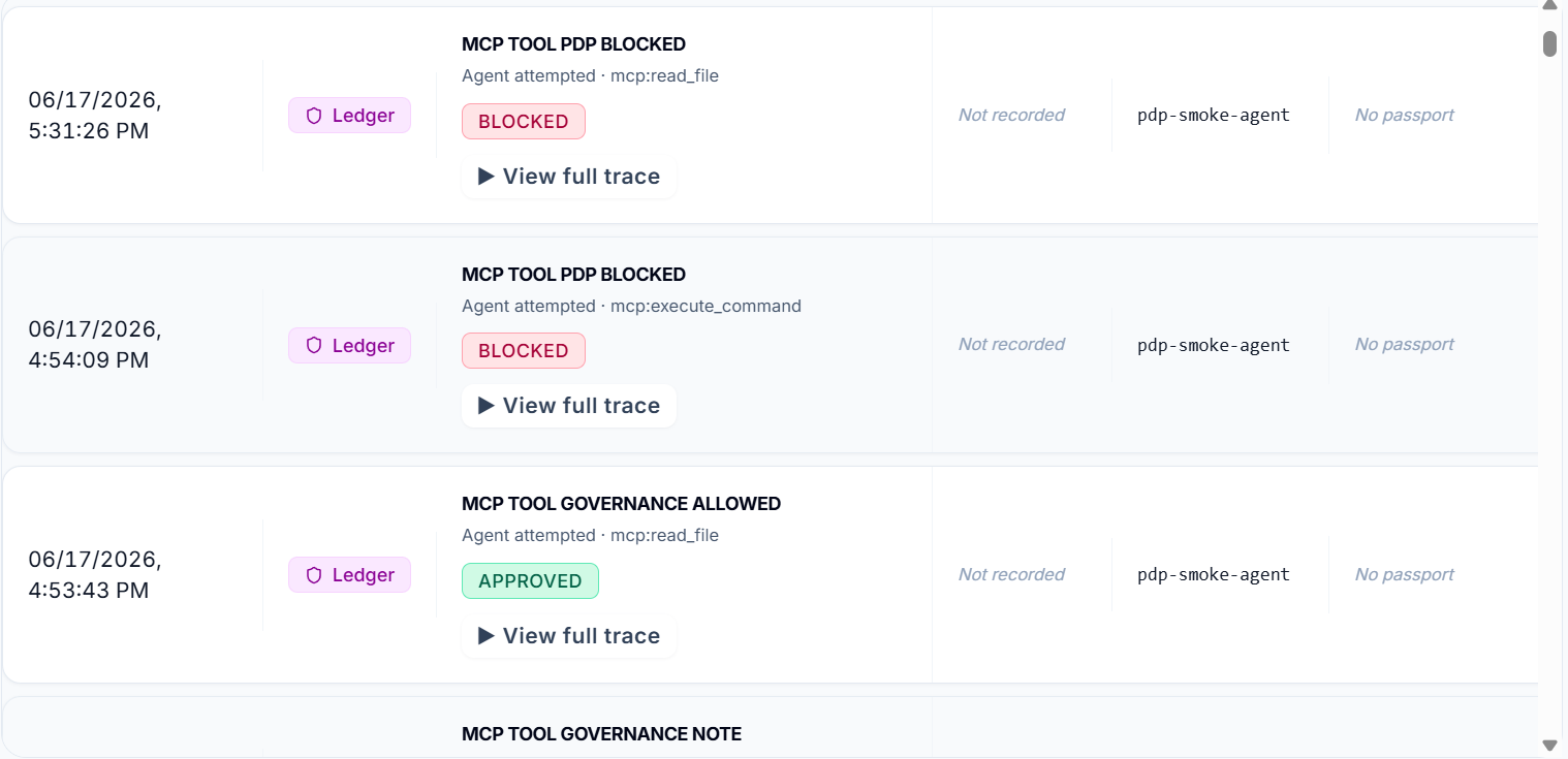 Aevesa dashboard history: MCP tool PDP blocked rows with agent trace and BLOCKED verdict badges