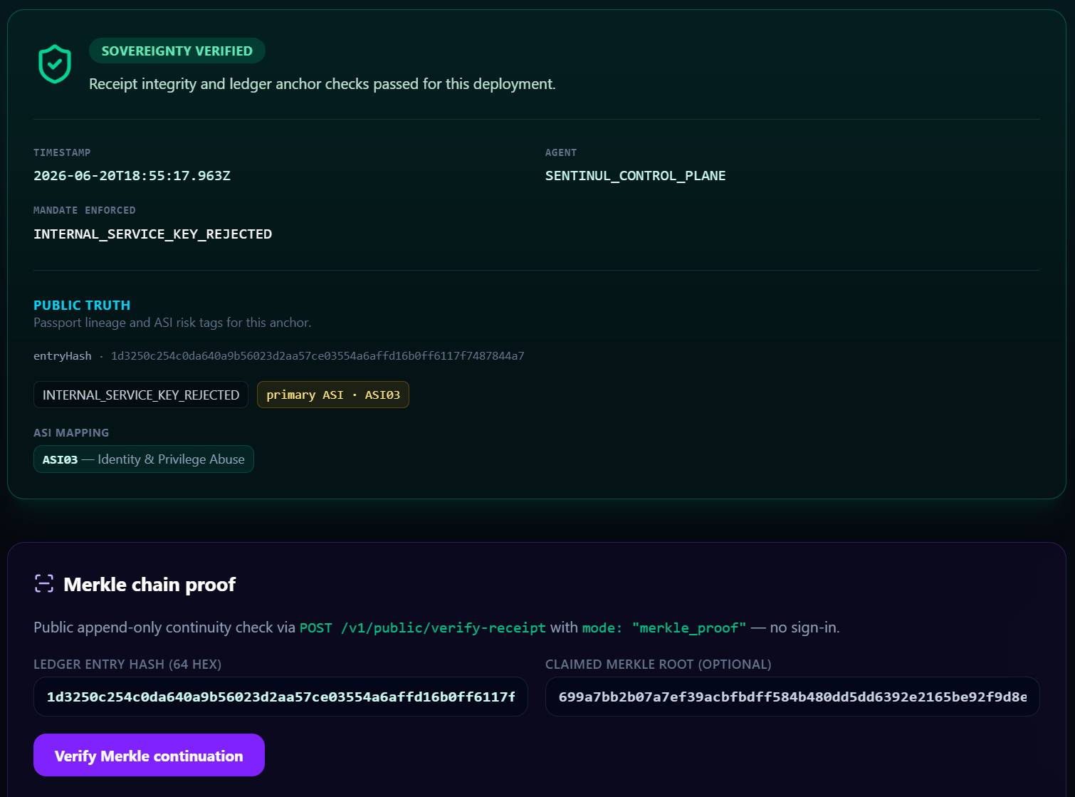 Aevesa dashboard: sovereignty verified panel with entryHash, public truth ASI tags, and Merkle chain proof