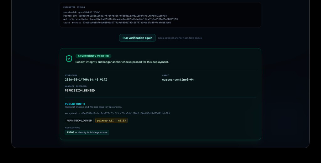 Aevesa Evidence Vault: sovereignty verification with entryHash, public truth ASI tags, and Merkle chain proof continuity check